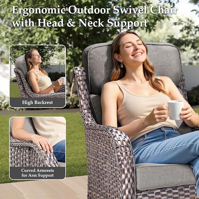 Luxury Outdoor Patio Furniture Set-Wicker High Backrest 3-Seat Patio Sofa with Comfy 6" Cushion, Rattan Couch with Deep Seat All-Weather Patio Conversation Set for Deck Backyard Garden(Brown/Gray)