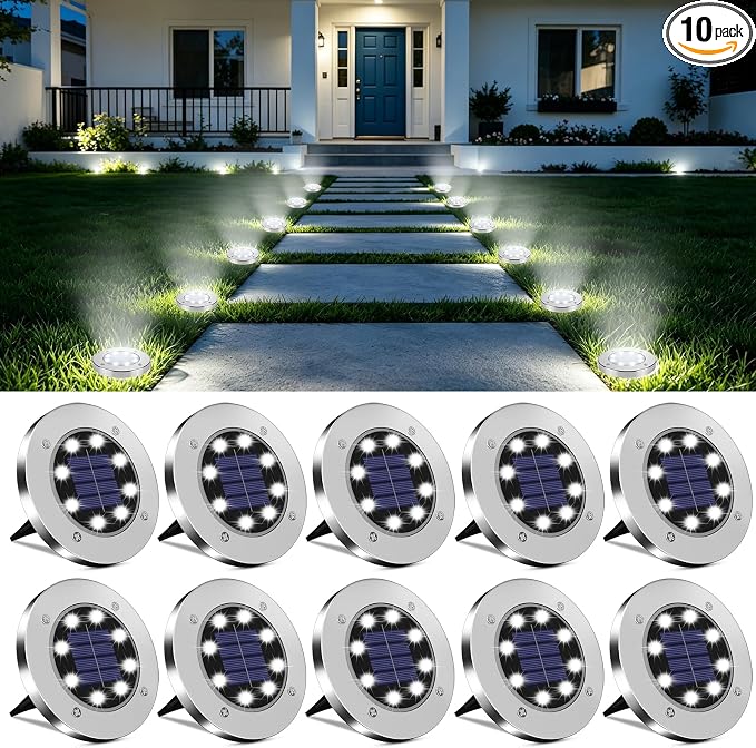 OULONGER 4.6inch Solar Ground Lights 10Packs, Garden Solar Outdoor Waterproof Pathway Bright In-Ground Landscape Lights for Patio, Lawn, Yard, Driveway, Step and Walkway(White Light)