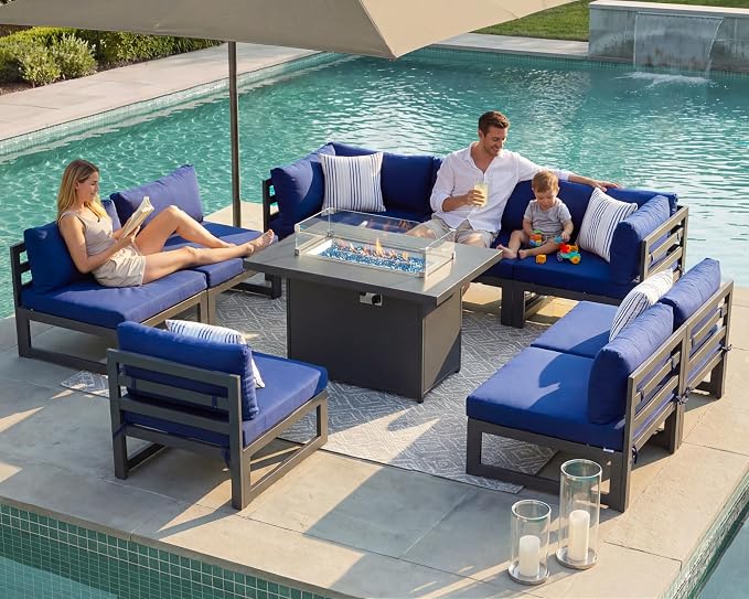 RADIATA 9 Piece L Shaped Contemporary Aluminum Outdoor Furniture Set with Firepit, 29 inch Deep Wide Large Couch Set, 500 lbs High Weight Capacity Modular Patio Sectional Sofa for Exterior, Navy Blue