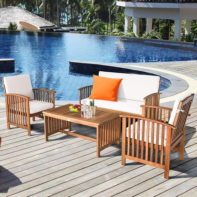 Tangkula Outdoor 4 Pcs Acacia Wood Sofa Set w/Water Resistant Cushions, Padded Patio Seating Chat Set w/Coffee Table for Garden, Backyard, Poolside (1, White)