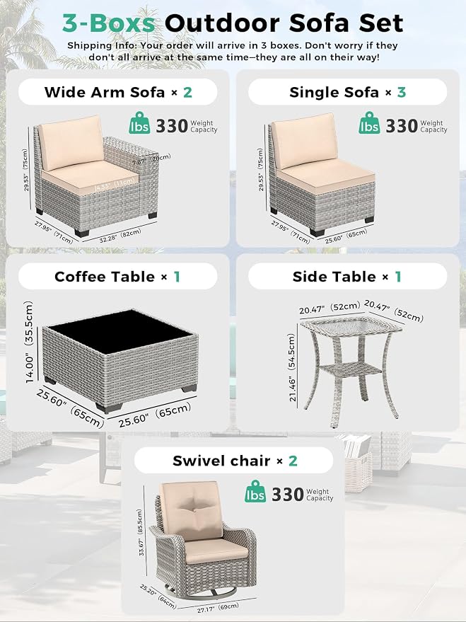 9 Piece Outdoor Patio Furniture Set with Swivel Chairs, 7-Seats Wicker Sectional Sofa Set with Thickened Cushions & Coffee Table for Garden, Backyard, Porch, Beige
