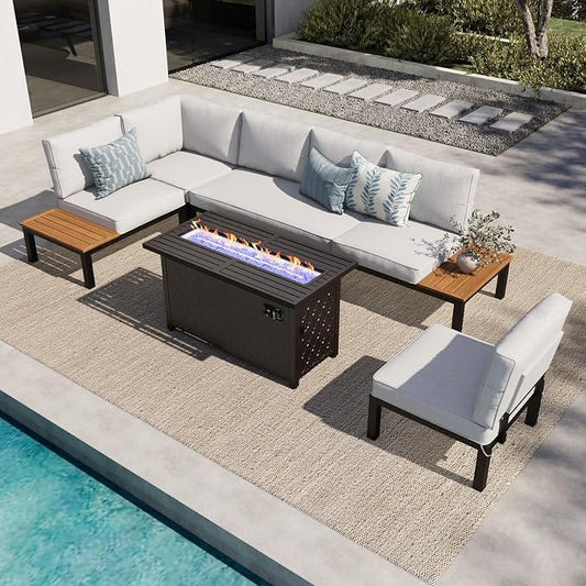 MFSTUDIO 6 Pieces Outdoor Sectional with Fire Pit Table, Metal L-Shaped Outdoor Patio Furniture Set with Cushion, Modular Patio Conversation Set, Modern Backyard Furniture for Deck,Garden