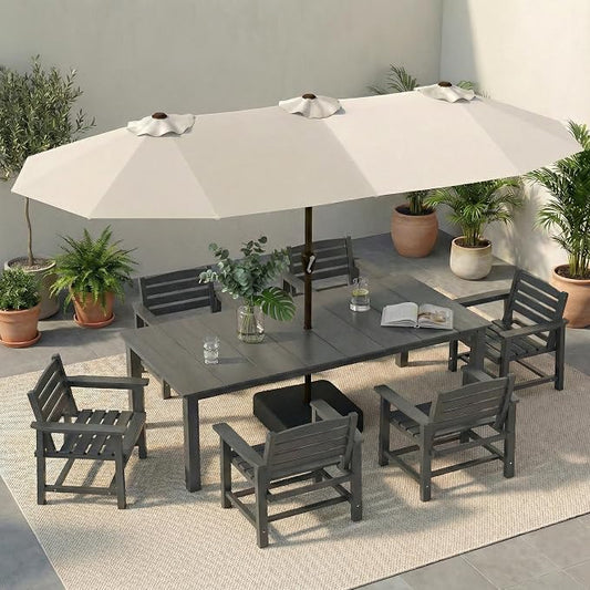 7-Piece Outdoor Dining Set with 15FT Umbrella for 6,Gray | HDPE table, chairs included, aluminum frame, weather-resistant furniture, perfect for yard, lawn, garden, deck