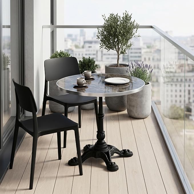 31.5 Inch Round Outdoor Patio Dining Table, Sintered Stone Bistro Table with Cast Iron Pedestal Base for Balcony Garden Poolside Cafe, Seats 2 to 4, Charcoal Marble