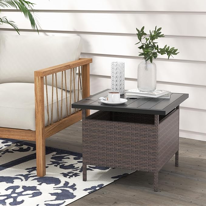RELAX4LIFE Patio Table with Umbrella Hole, Wicker Rattan Bistro Dining Side Table with Metal Frame, 22'' Square Umbrella Stand Holder for Poolside Backyard Garden Deck, Outdoor Side Table