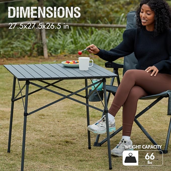 Portal Lightweight Aluminum Folding Square Table Roll Up Top 4 People Compact Table with Carry Bag for Camping, Picnic, Backyards, BBQ, Dark Gray