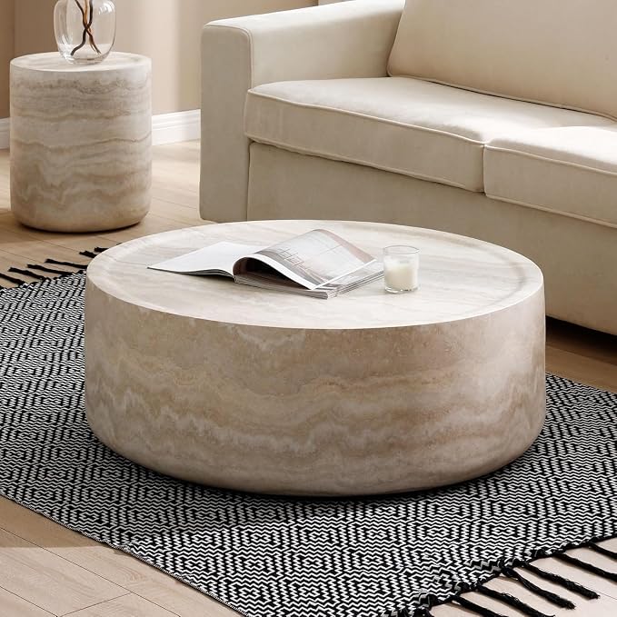 31.49'' Round Coffee Table for Living Room Drum Coffee Table Modern Faux Travertine Stone Coffee Table for Apartment, No Need Assembly (Fiberglass Marble Pattern)