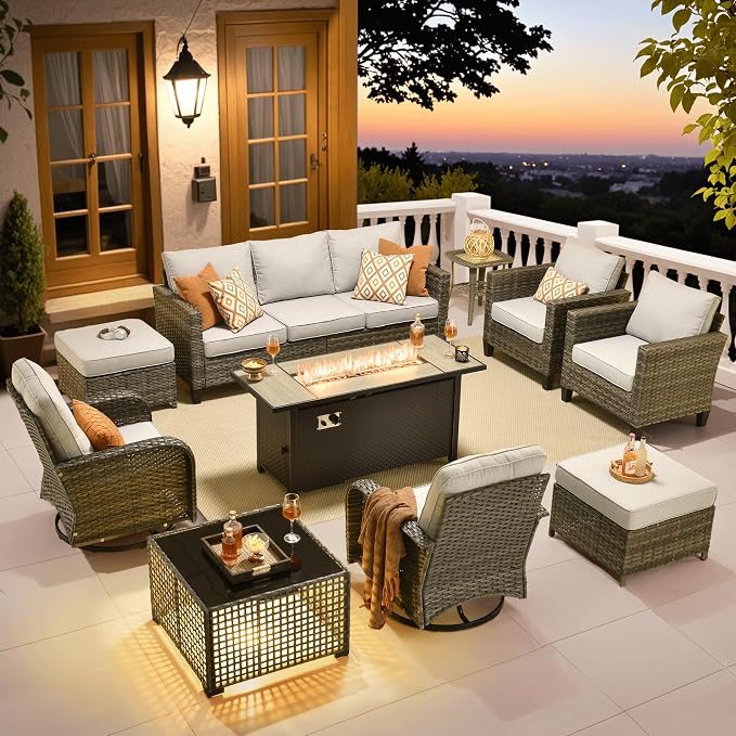 ovios 10 Pieces Patio Furniture Set, Outdoor Wicker Sofa Couch with Swivel Glider Chairs Solar Light Table Fire Pit, Modern Deep Seat Rattan Conversation Sets, Grey