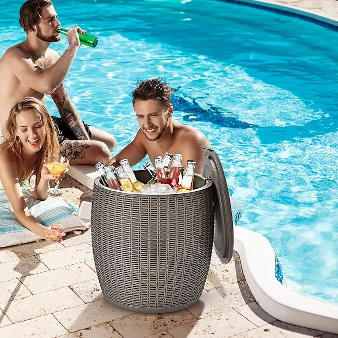 Safstar Outdoor Cooler Table, 9.5 Gallon Ice Cool Table w/Top Lid, Side Handle, Drainage Plug, Weather-Resistant Wicker Rattan Round Ice Bucket for Cocktail Beer Wine in Patio Party Pool