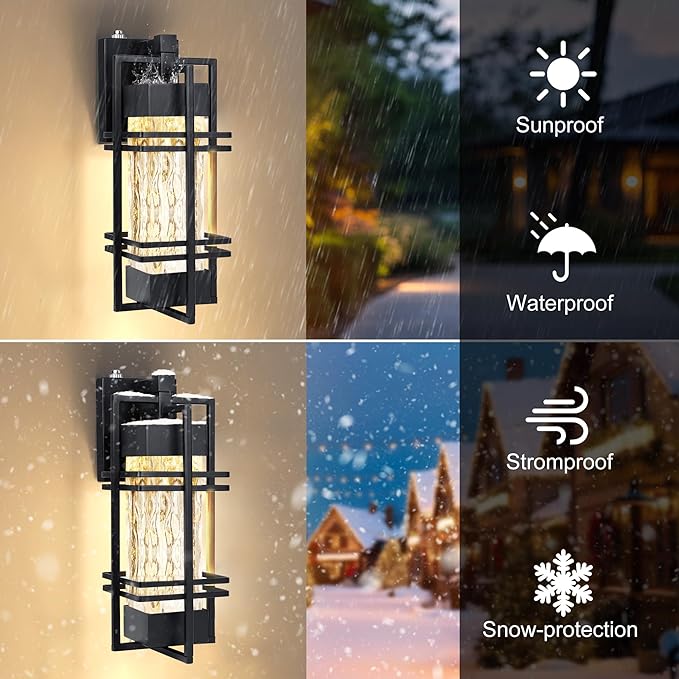 15'' Dusk to Dawn Outdoor Wall Lantern,Front Porch Light, 2Pack, Black | Rustproof Metal Frame, Water Ripple Glass, T30 Bulb Included, E26 Bulb,2700K Warm Light, Patio Light for Front Door