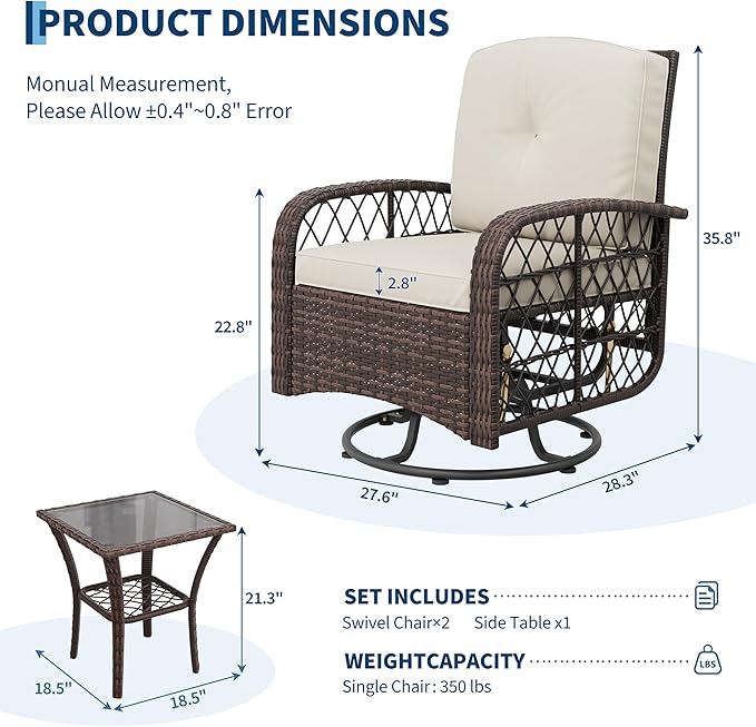 IDEALHOUSE 3-Piece Outdoor Patio Furniture Set, Wicker Swivel Rocking Chairs with Thick Cushions and Glass Coffee Table, Backyard & Garden Bistro Rocker Set, Brown+Beige Cushion