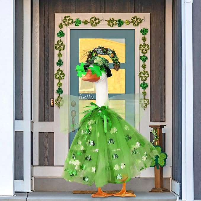 Soulchen 1 Set St. Patrick's Day Clover Porch Goose Outfits 23 Inch Cement Goose Clothes Geese Glasses and Hat Outfit Costume Set for Irish St. Patrick's Holiday Outdoor Garden Yard Decor