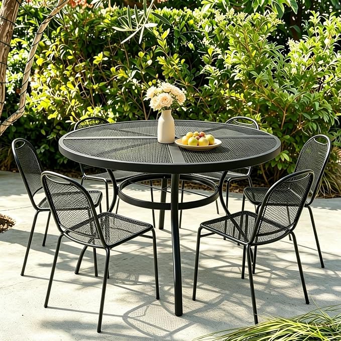 Round Patio Dining Table for 6, 47 Inch, Black Electroplated Steel, with Umbrella Hole, for Backyard, Porch, Deck