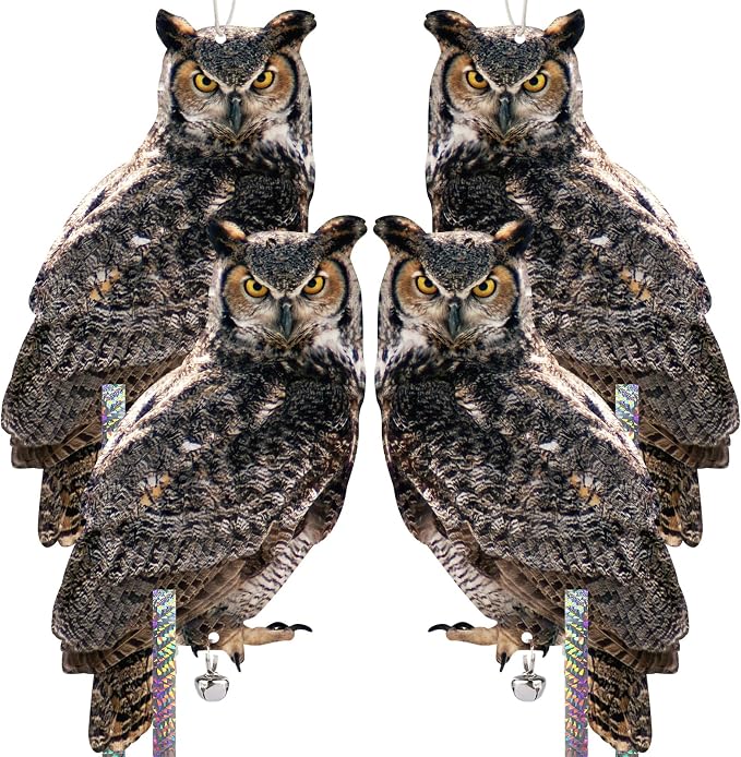 4PCS Fake Owl to Keep Pigeon Away from Balcony Hanging Flat Garden Owls with Reflective Tape Plastic Owl to Scare Squirrel for Outdoor Garden House Window Patio Yard Front Porch Backyard