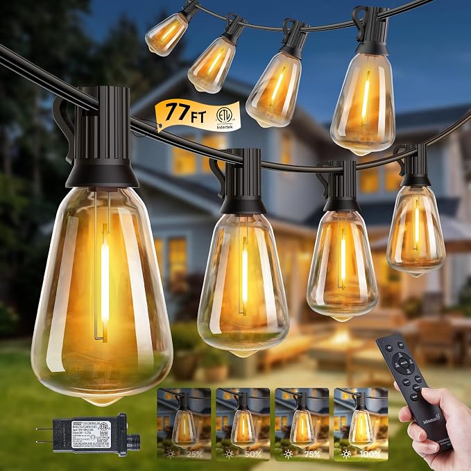 Minetom 77FT Outdoor String Lights with Remote, ST38 Patio Lights Dimmable | Waterproof LED Christmas Lights with 3 Modes, Shatterproof Connectable Outside Lights for Backyard Porch Deck Garden Decor