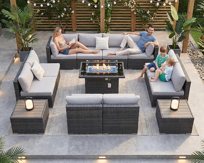 NICESOUL 13 Piece Outdoor Sectional Furniture with Firepit, Contemporary Back Yard Fireplace w/Seating Area, Plus Size 29.3'' High Back Patio Set, All-Weather Wicker Couch for Exterior, Light Gray