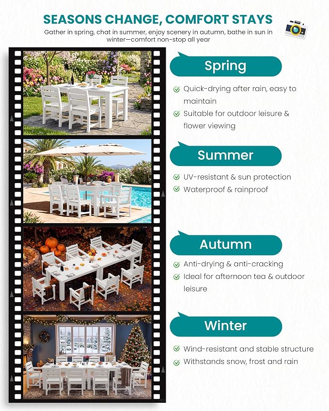 SERWALL 59" HDPE Patio Dining Set for 6, w/ 1 Table & 6 Armchairs, White | All Weather Resistant HDPE Dining Sets for Patio, Garden, Backyard