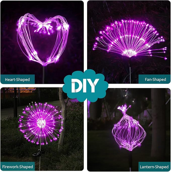 Solar Firework Lights, 2 Pack 120 LEDs 2 Lighting Modes Solar Garden Lights Outdoor Waterproof for Yard Patio Walkway Pathway Party Wedding Christmas Decorative - Pink
