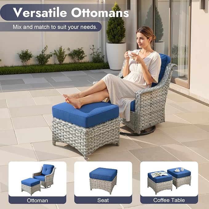 6 PCS Patio Furniture Set, Deep Seat High Back Outdoor Conversation Set with Ottomans, Wicker Outside Furniture with Solar Light Coffee Table for Porch Backyard Balcony, Sunroom, Navy Blue