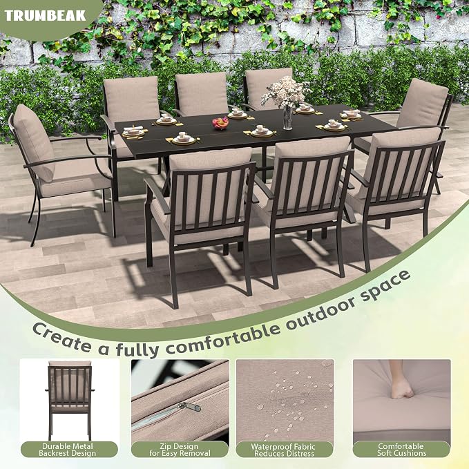 9-Piece Patio Dining Set Outdoor Conversation Set,Metal Outdoor Furniture Set with Umbrella Hole Cut-Out 78.7" x 35.4" Table and 8 Metal Backrest Chairs for Backyard,Garden,Sand