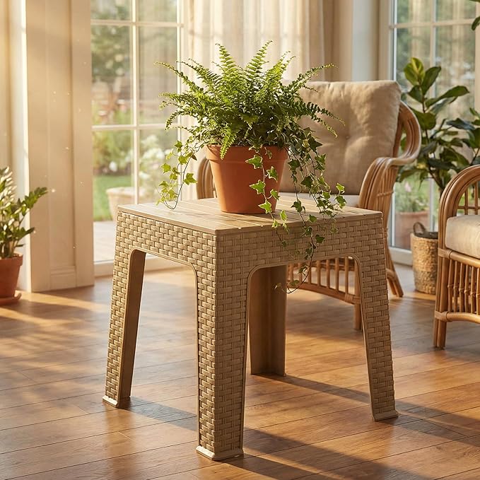 Sunnydaze Adirondack Small Outdoor Side Table for Balcony Essentials - Plastic Square End Table for Outside Patio - Set of 2 - Beige