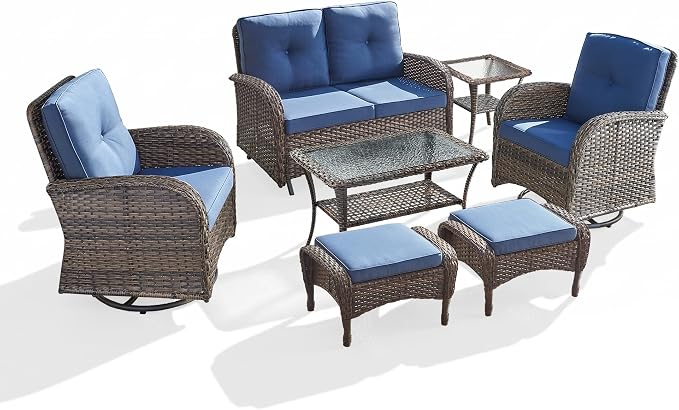 7 Piece Patio Furniture Set - Wicker Patio Conversation Set with Swivel Glider, Loveseat Bench, 2 Ottomans, Glass Side Table and Coffee Table for Deck Backyard - Brown Wicker Blue Cushion