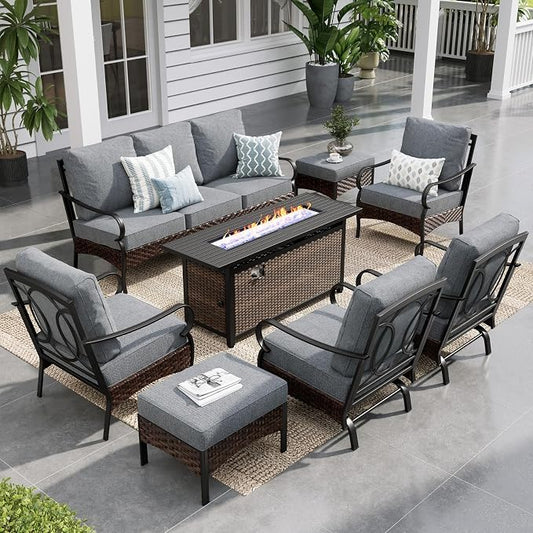Sophia & William Patio Furniture Set with 56" Fire Pit Table, 9 Seats Metal Frame Outdoor Conversation Sets Wicker Patio Sectional Sofa Set with Ottomans for Porch, Deck, Poolside, Grey