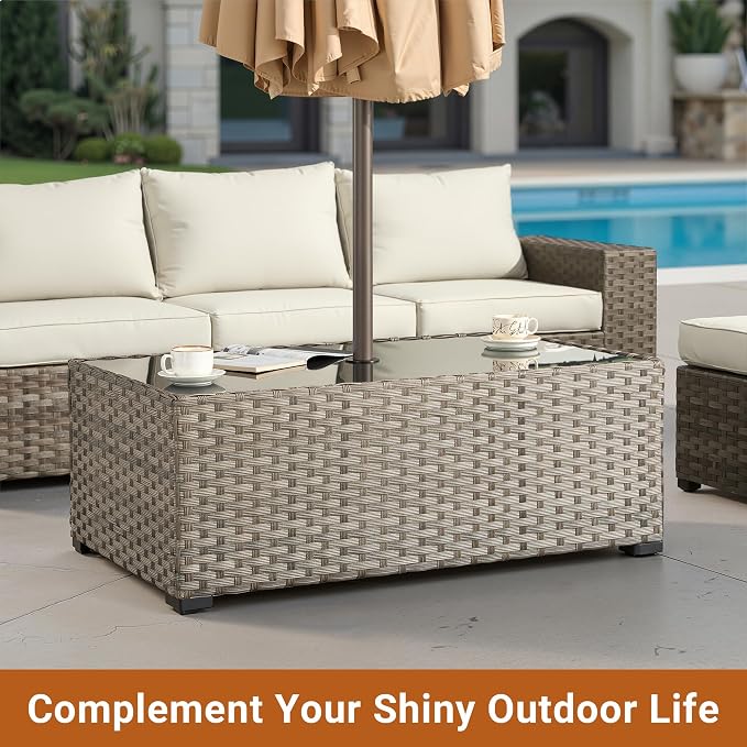 HOOOWOOO Outdoor Patio Side Table with Umbrella Hole,Wicker Coffee End Table Glass Top,Umbrella Table with 1.64" and 2" Hole for Yard,Deck,Porch,Garden(Rectangle Brown)