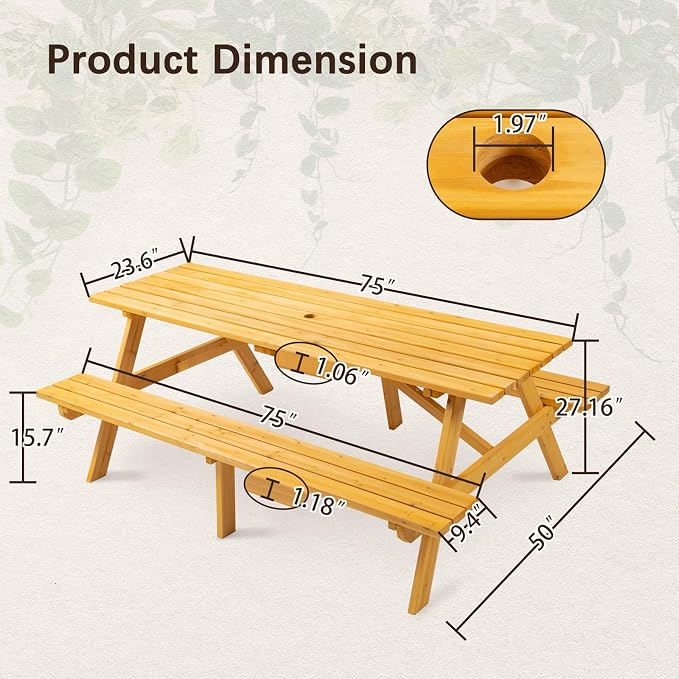 8-Person Picnic Table with 2 Built-In Benches & Umbrella Hole, Wooden Picnic Tables for Outdoors, Patio, Backyard, Garden, 75" x 50.2" x 27.6", 2220lb Capacity (Rectangular, Natural, 8-Person)