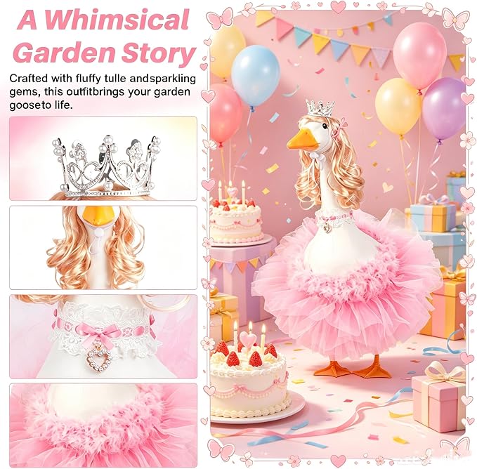 6 Pcs Princess Porch Goose Outfit Set Porch Goose Summer Outfits with Wigs, Pink Funny Geese Cloth with Long Blonde Wigs and Tutu Skirt for 23“ Lawn Goose Statues