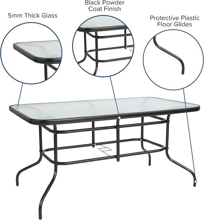 EMMA + OLIVER Seven Piece Indoor/Outdoor Dining Set - Metal Table with Tempered Glass Top - Six Brown Flex Comfort Chairs- Umbrella Hole - All Weather