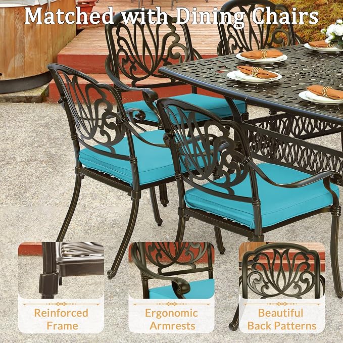 9 Piece Outdoor Patio Dining Set for 8, Cast Aluminium Large Square Dining Table & 8 Cushioned Stackable Chairs, Umbrella Hole, Patio Furniture Set for Garden Porch Poolside, Ocean Blue