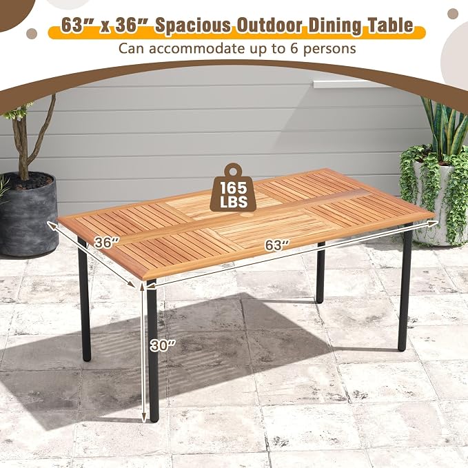 Patio Dining Table for 6 Persons, Acacia Wood Dining Table with 1.9" Umbrella Hole, Slat Tabletop & Metal Frame, Outdoor Dining Table Deck Furniture for Backyard & Lawn