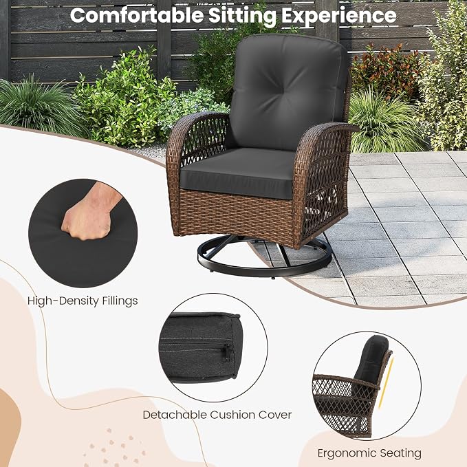 HAPPYGRILL 3 Pieces Outdoor Rattan Swivel Rocker Chairs Set with Tempered Glass Side Table, Outside Sectional Patio Conversation Furniture Set with Swivel Rocking Chairs for Deck Porch Garden (Black)