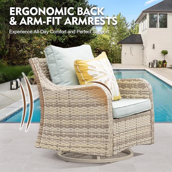 MEISSALIVVE Patio Furniture Set with Swivel Rocking Chairs, 8 Pieces Patio Conversation Set, Outdoor Wicker Sofa Couch with Waterproof Cushions for Lawn Backyard Porch (Blue)