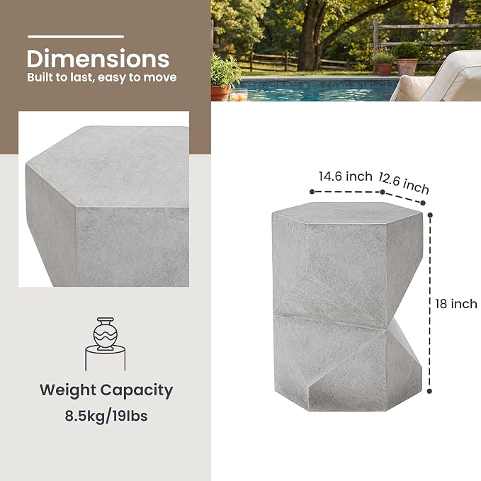 HOMPUS Outdoor Side Table Polygonal, Concrete End Table Hexagonal w Gloss Finish, Patio Accent Table Modern Design Home Decor, MgO Coffee Table for Living Room, Garden, Backyard, Grey