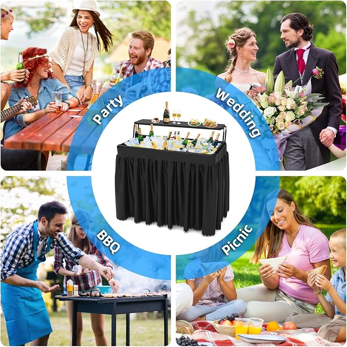 Double-Layer Ice Cooler Folding Table, Party Chilling Table with Drain and Detachable Black Skirt to Keep Drinks Cool for Weddings, Outdoor, Picnics, Pool Parties