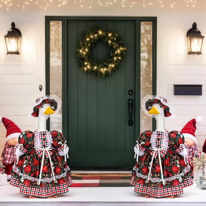 Suzile Christmas Tree Porch Goose Outfit Clothes for 23" High Cement or Plastic Goose Costume for Yard Lawn Outdoor Garden Patio Geese Statue Dresses Winter Xmas Santa Holiday Decor