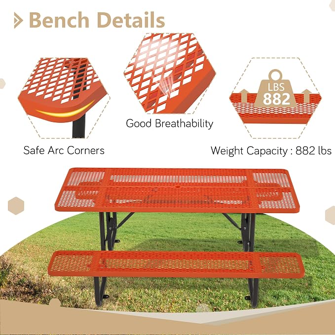 72'' Rectangular Metal Picnic Table with 1.73" Umbrella Hole, Commercial Grade Steel Mesh Table Set, Weather Resistant Sturdy, Round Corner Design for Patio, Garden, Courtyard & BBQ, Orange