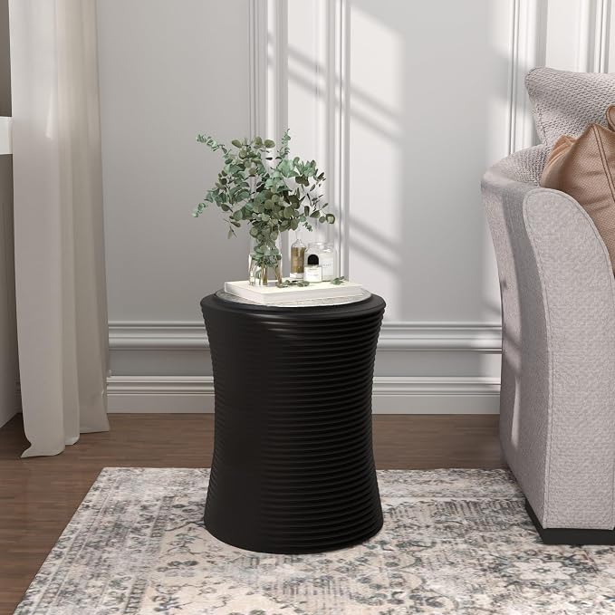 SUNBURY Outdoor Concrete Side Table w Graffiti, Black Outdoor Side Table for Patio, 14" W Outdoor Accent Table, Round Outside Table End Table, Ceramic Garden Stool for Lawn, Backyard, Pool