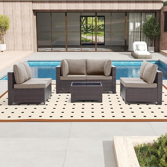 Bonzy Home 7 Pieces Outdoor Patio Furniture Set, PE Rattan Outdoor Sectional Furniture Sofa Set with Removable Cover and Glass Coffee Table, Patio Sofa for Balcony, Porch, Garden, (Brown-Khaki)