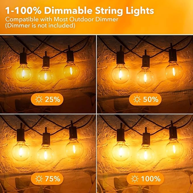 Outdoor String Lights, 100FT 50+2 G40 Bulbs Shatterproof Patio Lights | IP65 Waterproof Dimmable Hanging Connectable Globe LED Outdoor Lights for Christmas, Backyard, Bistro, Porch, Deck, Balcony