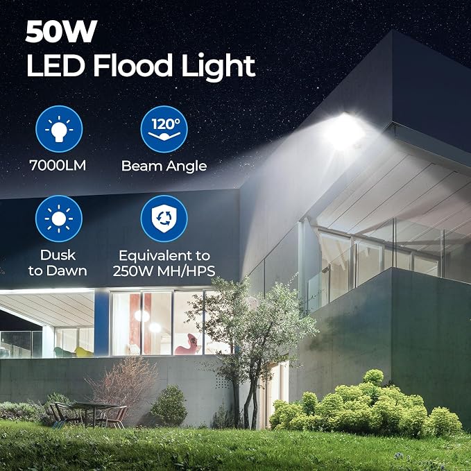 CINOTON 50W 7000LM LED Flood Lights Outdoor, 5000K, ETL Listed, 1 Pack | IP65 Waterproof Security Wall Pack with 180°Knuckle, Dusk to Dawn 100-277V Aluminum Fixture for Warehouse Patio Porch Garage