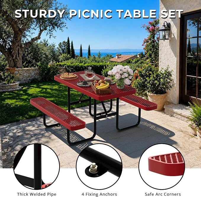 4FT Rectangular Steel Outdoor Picnic Table, Commercial Picnic Table Bench Set with Umbrella Hole, Weather-Resistant Heavy Duty School Dining Table for Stores, Park, Patio, Garden, Backyard, Red