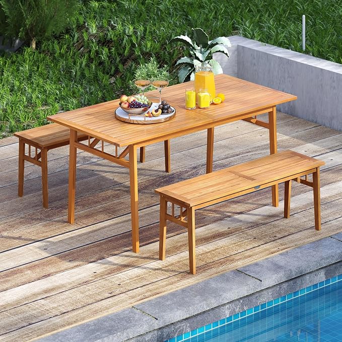 Tangkula 63-Inch Acacia Wood Outdoor Dining Table for 6, Large Rectangular Patio Dining Table with 1.97" Umbrella Hole, 6-Person Indoor Outdoor Table for Kitchen Deck Garden Backyard