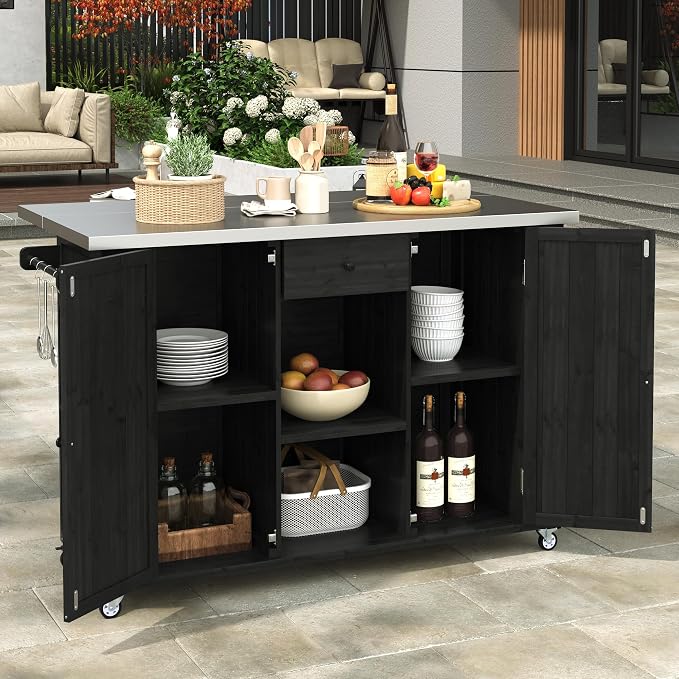 Outdoor Kitchen Island Fir Wood Kitchen Island with Stainless Steel Top,Ample Storage Space, Towel and Spice Racks and a Bottle Opener for Outdoor (Black@53)