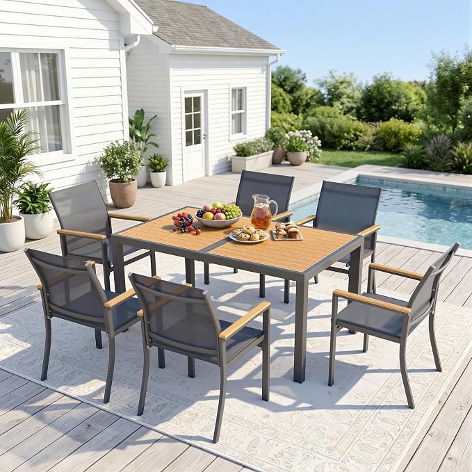 7-Pieces Aluminum Patio Table and Chairs for All-Weather, Patio Table Set with Heavy Duty HDPS Rectangular Table, Outdoor Patio Dining Furniture Set with Breathable Quick-Drying Textilene Chairs