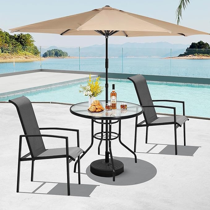 32'' Patio Bistro Table Round Outdoor Coffee Table, Round Tempered Glass Top with Umbrella Hole, Outdoor Dining Table for Balcony Backyard Lawn and Garden, Black