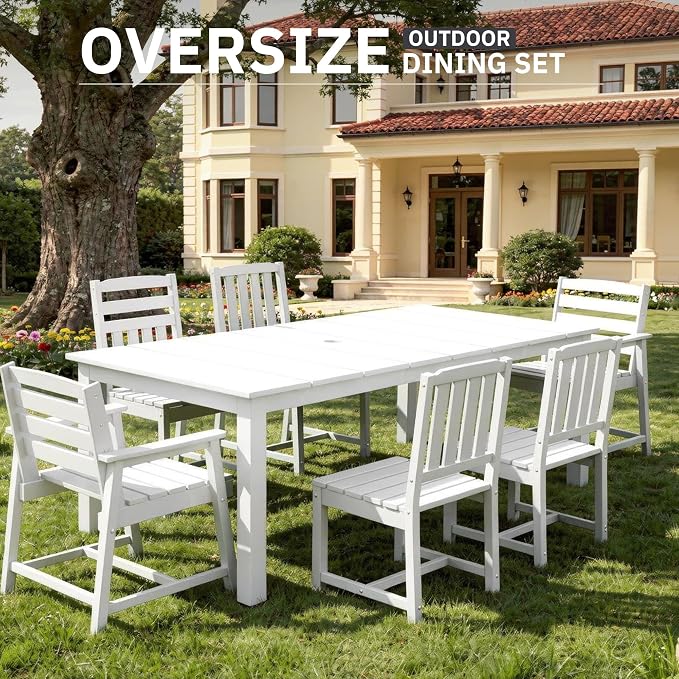 AreShark 7-Piece Outdoor Dining Set,HDPE Patio Table with 6 Chairs,All-Weather Patio Furniture Set with Umbrella Hole,Low Maintenance Wood Grain Dining Set for Backyard,Garden,Poolside,White