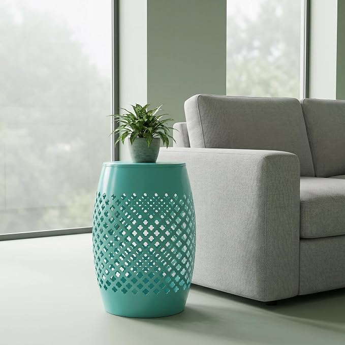 12" Outdoor Side Table, Metal Cutout Drum Side Table, Patio Garden Stool | Coffee End Tables for Small Spaces, Living Room, Backyard, Poolside